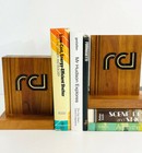 Vtg 1970s Mid Century Modern Wooden Bookends Swirl Wavy Disco 70s Font Logo Rci 