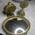 Vintage Gold Ormolu Filagree Cherub Rose Dresser Vanity Set  3 Piece Amber Glass