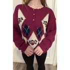 Preppy Vintage Argyle Fuchsia Pink Floral Embroidered Sweater L