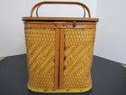Vintage Redmon Woven Wicker Hinged Wood Top Picnic Basket - Peru  Indiana 1950 s