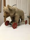 Large Antique Steiff Mohair Bear On Wheels Toy With Growl All Original