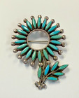 Vintage Flower Turquoise Needlepoint Sterling Silver Brooch Pin - Read Descripti