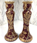 Vintage Pair Of  Burgundy And Gold Leaf Floral Candlesticks Andrea By Sadek