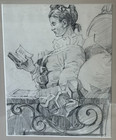 Vintage Original Pencil Drawing French After Fragonard  the Reader  Framed Art