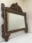 Antique Syrian Walnut Mirror W  Mother Of Pearl Inlay     Large Hand Carved Rare