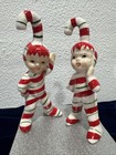 Vintage Geo Z Lefton Christmas Candy Cane Elf Pixie Red Green Ceramic Set 2