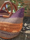 African Bolga Handwoven U-shopper Large Basket With Leather Wrapped Handles