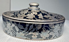 Sterling Silver Floral Overlay On Black Glass Covered Candy Dish 