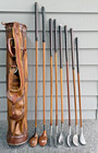 Excellent Set Of Antique Hickory Wood Shaft Golf Clubs   Vintage All Leather Bag