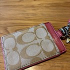 Coach Lanyard Signature Id Badge Card Case Khaki Pink Ruby
