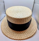 Vintage 20 s Straw Boater Hat With Black Ribbon Band Size 6 7 8