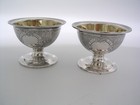 Pair American Coin Silver Salt Dishes cellars-engine-turned-c 1850-no Mono