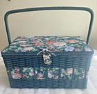Vintage Sewing Basket Green Wicker Floral Tapestry W inside Tray Handle