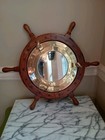 Vintage Ship s Wheel Wood   Brass Porthole Mirror  Nautical Wall Decor 