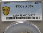 1857 Braided Hair Half Cent 1 2 Penny Pcgs --- Au-58 Pgcs Graded ----  011d