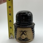 1974 Ugly Face Pottery Lidded Jar Canister  Black brown beige  4 5in Signed
