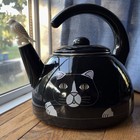 Vintage Kamenstein Black Cat Metal Tea Kettle With White Whistling Bird - 1989