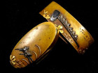 Fuchi Kashira Birds On Hoe Japanese Brass Sword Fitting Edo Antique  no Box