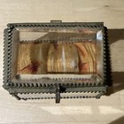 Antique Victorian Filigree Ormolu Casket Jewelry Box  Beveled Glass Vintage