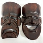 2 Vintage Hand Carved Wood Comedy Tragedy Drama Masks Natural Varnished Wall Art