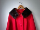 Vintage 1960s Red Boucle Wool Coat Fur Collar Medium
