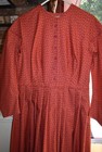 Civil War Victorian Cotton Day Dress Handmade Deep Coral Wred Leaf Print - L xl