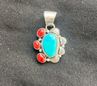 Vintage Turquoise Red Coral Navajo Flower Leaf Sterling Silver Pendant 