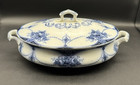 Antique Early 1900 s Flow Blue Porcelain Floral Vegetable Tureen  Handle   Lid