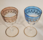 2 Antique Bohemian Moser Hand Blown Brown   Blue Raised Gold Cordial Glasses