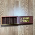 Vintage Wooden Poker Chips Set With Slide Top Storage Box Brown Gold Denominated