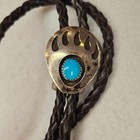 Vintage Sterling Silver Turquoise Bear Paw Bolo Tie Navajo Style Western 37 
