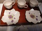 Senegal Fine China Tea Cup With Leaf Saucer Purple Violets 3 Sets  Beautiful 