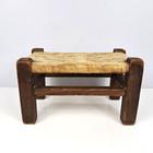 Antique Primitive Wooden Foot Stool Woven Twine Seat Carved Wood Legs Seat