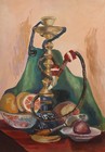 Vintage Original Oil Painting Still Life With Fruits And Hookah