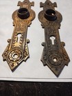 Pair Antique Vtg Bronze Victorian Doorknob Ornate Door Escutcheons Eastlake