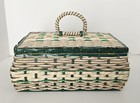 Vintage Woven Tan   Green Rectangular Sewing Basket With Contents