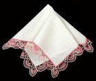 Vintage Pink Torchon Bobbin Lace Scalloped Trim White Linen Handkerchief Hanky