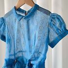 Vtg 50s Sheer Blue   Gold Starburst Print Girls Toddler Party Dress Puff Sleeve
