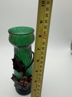 Antique Kralik Iridescent Green Art Glass Vase Metal Overlay 8   