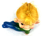 Girl Pixie Elf Figurine Green Blue Ceramic Blonde Hair Mid-century 4 25  Vintage