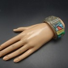 Heavy Andrew Alvarez Sterling Silver Turquoise Cobblestone Inlay Cuff Bracelet