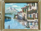 Beautiful Vintage Italian Landscape Lakeside Village Scene Framed And Signed