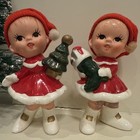 Japan Vintage Christmas Girl Pixies Elves Figurines Red Dresses Tree Stocking