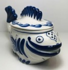 Vintage Gzhel Russian Candy Bowl Trinket Box Hand Painted W lid Great Condition