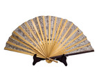 Large Wood Fabric Hand Fan  Shades Of Brown And Beige  Two Gold-colored Stripes