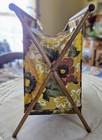Vintage 70s Foldable Sewing Yarn Knit Crochet Basket Tote Bag W  Wood Frame Mcm