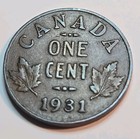 1931          Canadian Canada King George V One 1 Penny Small Cent Coin     vf xf    