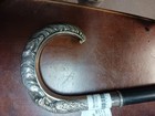 1 Antique Sterling Silver Fox And Turkey Handled Hooked Ebony Cane  Rubber Ferru