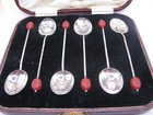 Antique Sterling Silver Art Deco Coffee Bean Spoons With Red Bakelite Finials