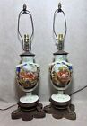 Lg Antique Hand Enameled Painted Bristol Opaline Glass Pair Lamps Cottage Scene